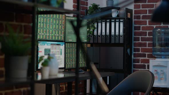 Nobody at Empty Desk with Multiple Monitors Sharing Financial Sales