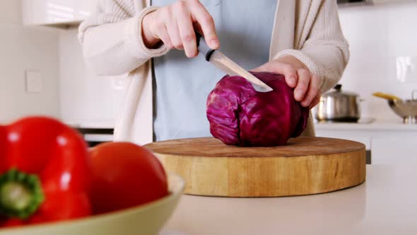 Mid section of woman cutting red cabbage in kitchen