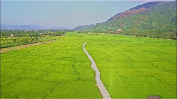 Drone Rises Over Road Among Rice Fields By Mountains