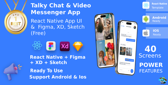 Chat & Video Messenger App ANDROID + IOS + FIGMA + XD + Sketch | UI Kit | ReactNative | Talky