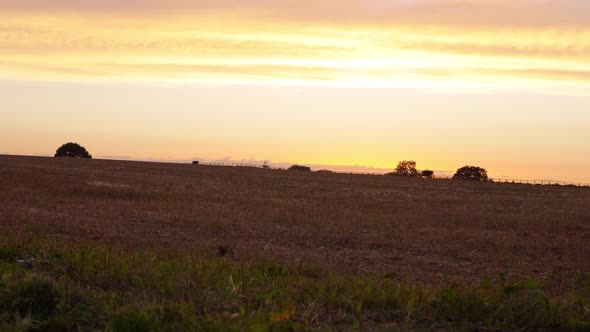 Sunset over farmers field with fencing silhouette panning shot