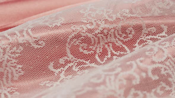 White Lace on Pink Silk Closeup Guipure Texture and Satin Luxury Cloth Background