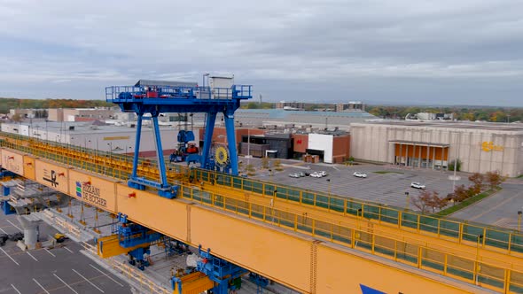 4K camera drone view of the construction site of the REM (Metropolitan Express Network) in Montreal.