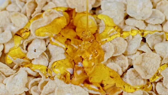 Floral Honey Flows on Corn Flakes Cereal Breakfast Slow Motion. Proper Nutrition