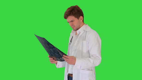 Concentrated Male Doctor Looking at Computed Tomography Xray Image on a Green Screen, Chroma Key