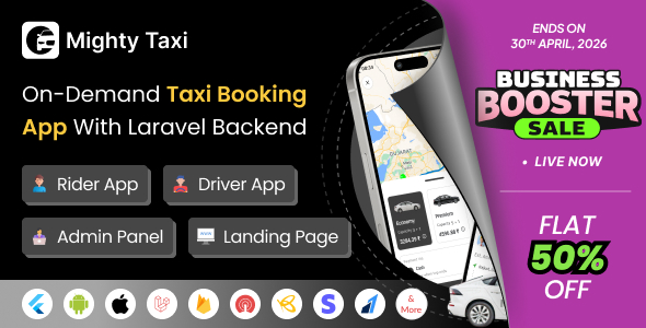Taxi - Flutter Online Taxi Booking Full Solution with Bidding | User | Driver | Admin Laravel Panel