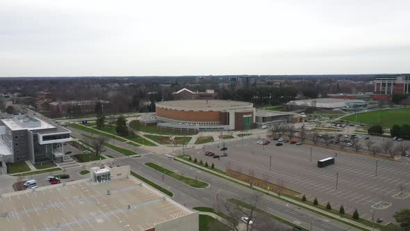 Breslin Center basketball arena at Michigan State University in East Lansing, Michigan drone videoin