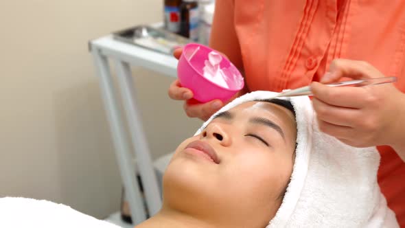 Cosmetologist Applies Facial Mask Female Face