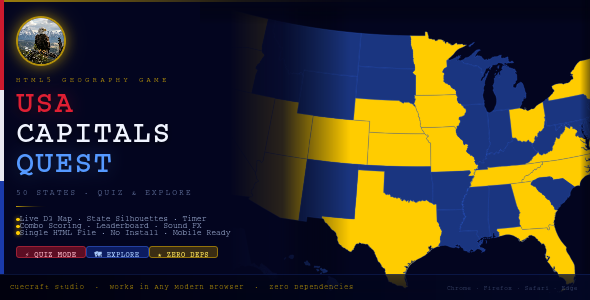 USA Capitals Quest | HTML5 Geography Quiz Game