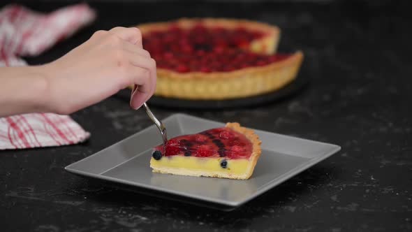 Piece of Berry Tart with Custard and Jelly