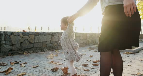 A Young Mother Walks By the Hand with Her Daughter in the Fresh Air. Happy Family Walking