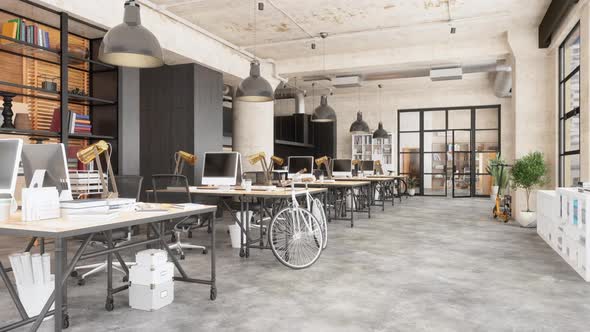 Open Plan Loft Office With Houseplants, Bicycle And Push Scooter