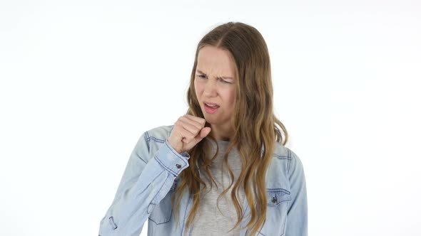 Sick Woman Coughing on White Background, Throat infection