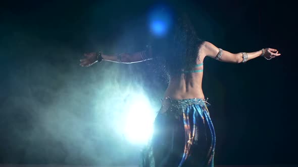 Beautiful Slim Woman Belly Dancer Dancing, on Black, Smoke, Back Light