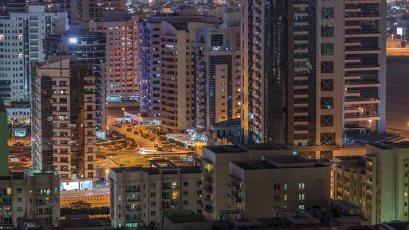 Tecom District Skyscrapers Aerial View From Greens District Night Timelapse