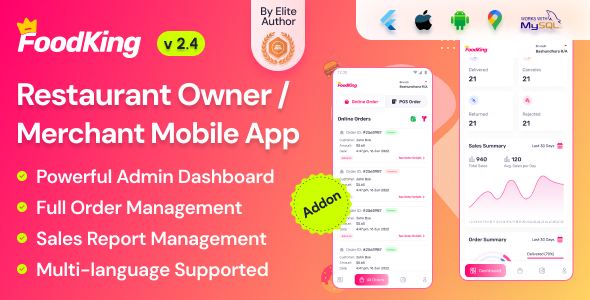 FoodKing - Restaurant Food Delivery System Merchant Flutter Mobile App