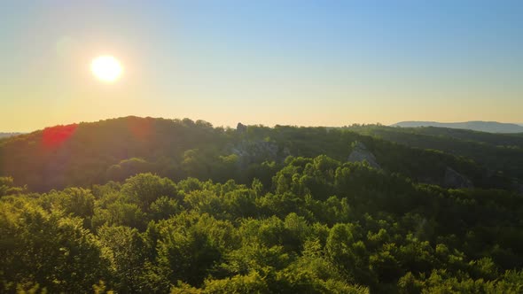 Aerial View of Bright Foggy Morning Over Dark Forest Trees at Warm Summer Sunrise