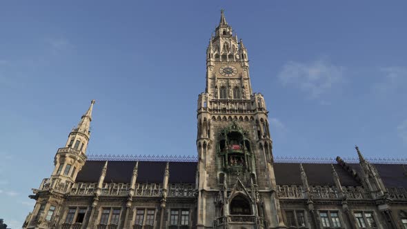 Left To Right Pan Real Time Shot of New Town Hall on Marienplatz the City Centre of Munich. The Town