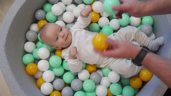 Father Playing with His Baby Happy Kid Lying in Soft Ball Pit Pool with Colorful Balls Kids Dry Pool
