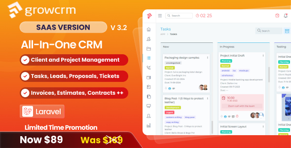 Grow CRM SaaS - Laravel Project Management - Multitenancy