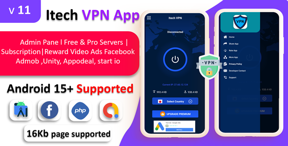 iTech VPN - VPN | VPN Servers | Admin Panel | Watch ads to unlock server | admob & Unity & Facebook