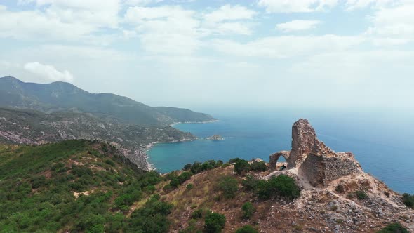 Aerial View of Ancient and Medieval Building on the Top of Mountainrocky Coastline with Green