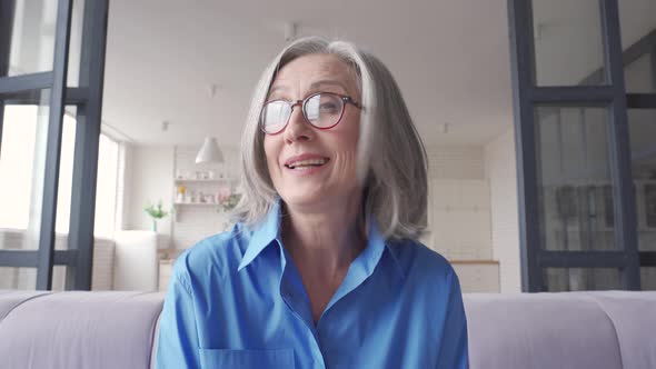 Happy Old Woman Talking To Camera Making Video Call at Home Web Cam View