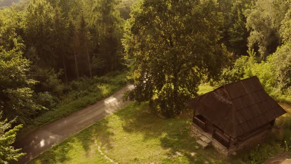 Aerial View of Spooky Ancient Wooden Cabin in a Forest