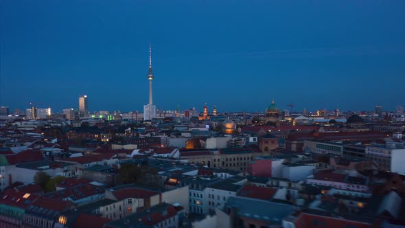 AERIAL: Day To Night Drone Hyper Lapse, Motion Time Lapse Over Berlin with Alexanderplatz TV Tower