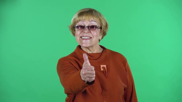 Portrait of Senior Woman Is Showing Thumbs Up, Gesture Like, Isolated Over Green Background