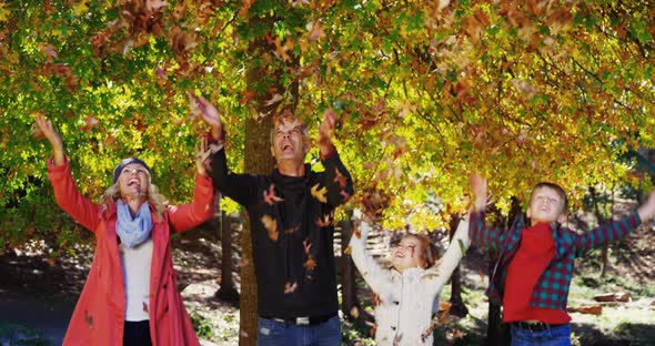 A family playing with the dead leave