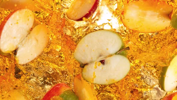 Super Slow Motion Shot of Red and Green Apple Cuts Falling and Splashing Into Juice at 1000Fps alt