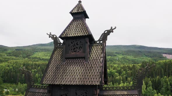 Roof Detail Of The Ancient Borgund Stave Church In Borgund, Norway - aerial close up