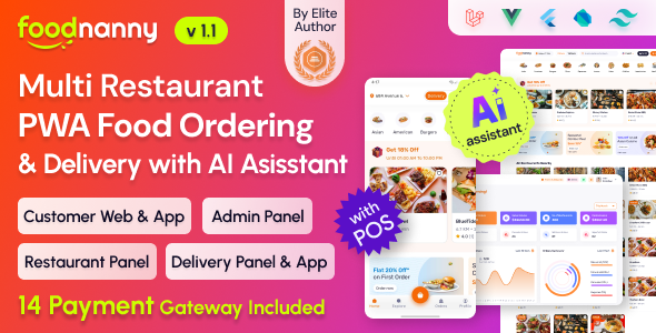 FoodNanny - Multi Restaurant Food Delivery App with PWA Website & Laravel Admin with AI Assistant