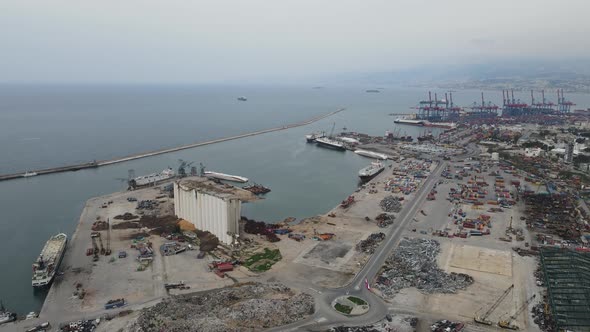 A drone aerial shot panning from Beirut Port to Beirut City