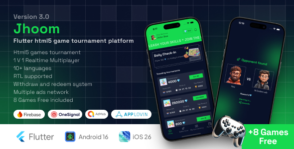 Jhoom - HTML5 Game Tournament App | Contest app || Flutter app + Admin Panel