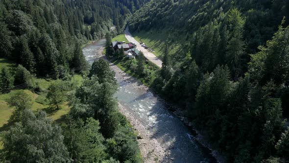 View of Ukrainian Mountain River at Summer Sunny Day