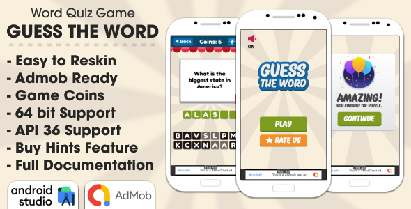 Guess The Word - Word Quiz Game Android Studio Project with AdMob Ads + Ready to Publish