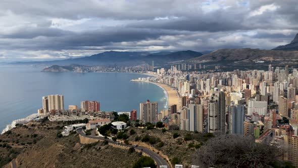 Aerial footage showing the whole of Benidorm in Alicante