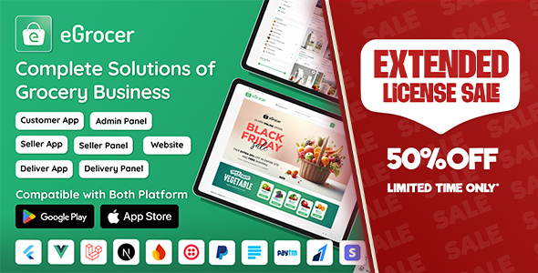 eGrocer - Online Multi Vendor Grocery Store, eCommerce Flutter Full App | Admin Panel | Web Version
