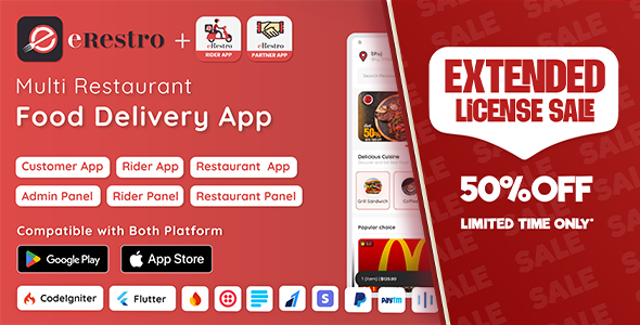 eRestro - Multi Restaurant Flutter App | Food Ordering App with Admin Panel & Restaurant Panel