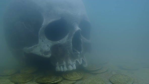 Ancient Skull On Pirate Coins Underwater