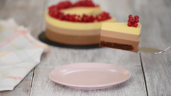 Piece of Triple Chocolate Mousse Cake with Red Currant.