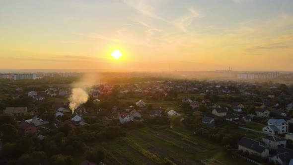 Aerial View of Agricultural Waste Bonfires From Dry Grass and Straw Stubble Burning with Thick Smoke