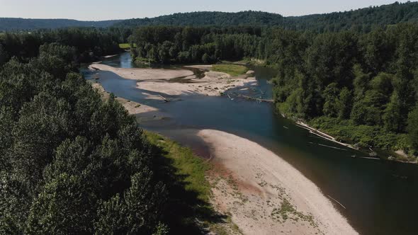 Lush Green Pacific Northwest Forest With Drone Flying Over River