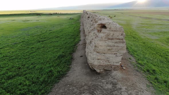 Ruins of Ancient City, Building and Wall From Ancient Times in Treeless Vast Plain of Mongolia