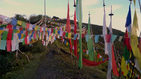 Buddhist Prayer Flags Blowing In The Wind.