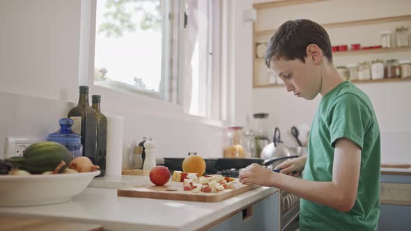 Young boy working in the kitchen slicing fruit for breakfast