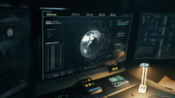 Surveillance spying tech searches for the target connections on the global map alt