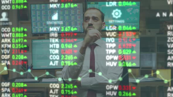 Stock Market Broker Looking at Augmented Reality Display with Numbers and Trades on It